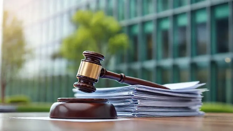 A photorealistic image of a gavel striking a stack of legal documents with a blurred background of a modern green building's facade, 8K, cinematic lighting, sharp focus, depth of field, shot on a high-end DSLR. The scene conveys the gravity of legal consequences for environmental misrepresentation.