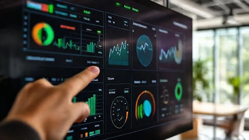 A photorealistic, professional photography, 8K, cinematic lighting, sharp focus, depth of field, shot on a high-end DSLR image of a digital dashboard displaying real-time energy consumption and water usage data for a green building, with various graphs and metrics. A hand points to a specific data point, indicating analysis and monitoring. The background shows a modern, eco-friendly office interior.