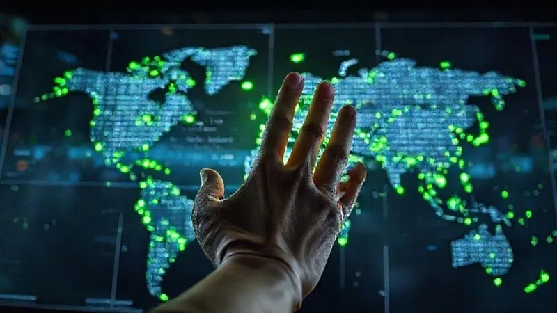 A photorealistic, professional photography, 8K, cinematic lighting, sharp focus, depth of field, shot on a high-end DSLR image of a complex legal code scrolling on a transparent digital screen, superimposed over a world map with glowing green nodes indicating global regulatory hotspots. A hand is poised to interact with the screen, symbolizing proactive monitoring of evolving environmental laws. The setting is futuristic and analytical.