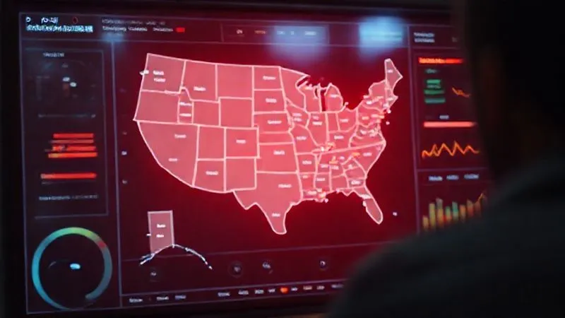Photorealistic, professional photography, 8K, cinematic lighting, sharp focus, depth of field, shot on a high-end DSLR. A sophisticated digital dashboard displaying real-time legal and regulatory updates, with a glowing red alert on a map highlighting specific state legislation, symbolizing proactive compliance monitoring. The screen shows data visualizations of legislative changes and risk scores.