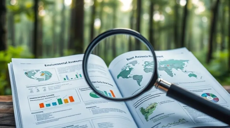 A photorealistic image of an open, detailed environmental impact assessment report, with various charts and maps, overlaid with a magnifying glass highlighting a section on biodiversity, set against a backdrop of a pristine forest, cinematic lighting, sharp focus on the report, depth of field blurring the background, 8K hyper-detailed.