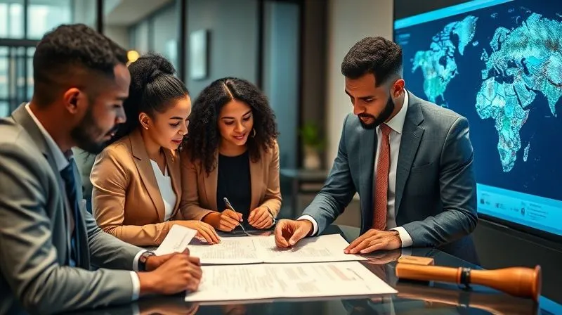 A photorealistic image of a diverse legal team meticulously reviewing environmental compliance documents and maps on a large screen, with one team member pointing to a specific clause, demonstrating intense focus and collaboration, illuminated by soft office lighting, sharp focus on the documents, depth of field blurring the background, 8K hyper-detailed.