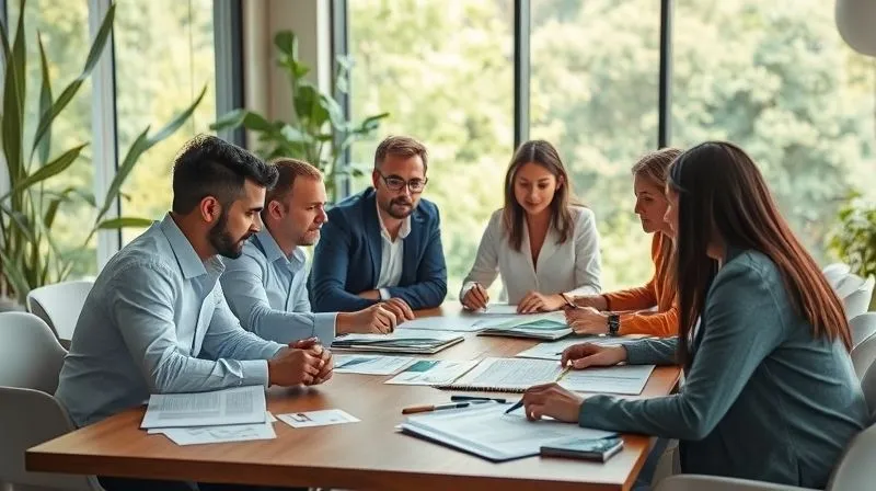 A photorealistic image of a diverse team of professionals, including environmental scientists, legal experts, and community liaisons, collaborating around a large table, reviewing sustainability reports and project plans, symbolizing integrated environmental governance and CSR, with natural light streaming in, sharp focus on their interaction, depth of field blurring the background, 8K hyper-detailed.