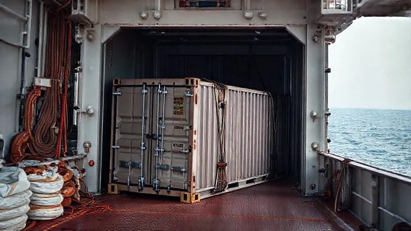 A photorealistic, professional photography, 8K, cinematic lighting, sharp focus, depth of field, shot on a high-end DSLR, showing a meticulously secured cargo container inside a ship's hold. Strong lashing straps and dunnage bags are visible, ensuring no movement. The scene conveys order, safety, and expert handling, with a subtle sense of the vastness of the ocean beyond.