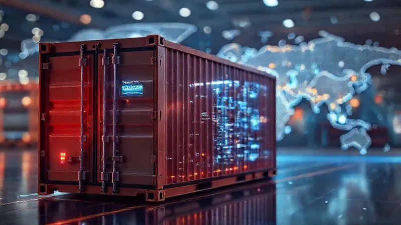 A photorealistic, professional photography, 8K, cinematic lighting, sharp focus, depth of field, shot on a high-end DSLR, showing a sleek, futuristic cargo container with glowing digital sensors and a transparent overlay of real-time data (temperature, GPS, shock). A blurred map of global shipping routes is in the background, symbolizing advanced logistics and monitoring.