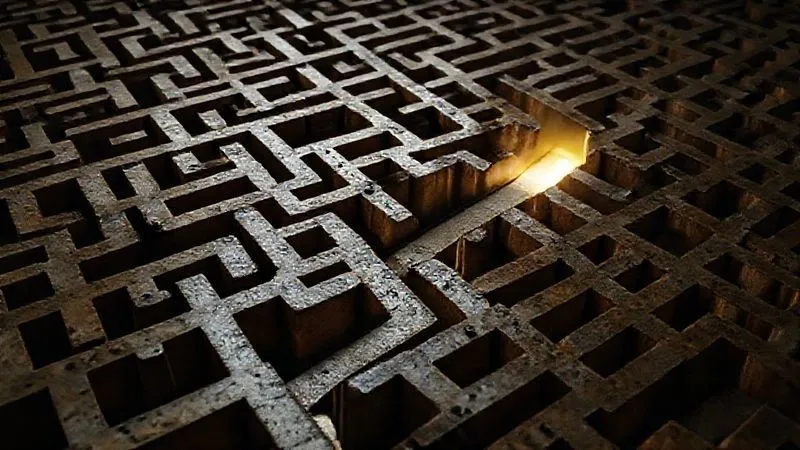 A photorealistic, professional photography, 8K, cinematic lighting, sharp focus, depth of field, shot on a high-end DSLR, of a complex legal labyrinth or maze, with intertwining paths and dead ends, symbolizing the intricate and often confusing nature of the legal system, particularly for those unfamiliar with it. A faint light emanates from one path, hinting at a way out.