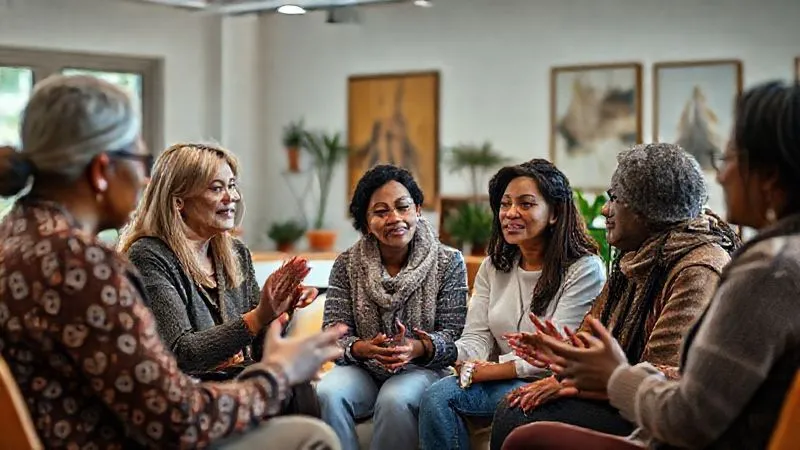 A photorealistic, professional photography, 8K, cinematic lighting, sharp focus, depth of field, shot on a high-end DSLR, of a support group meeting in a brightly lit, modern community center, with diverse individuals sharing stories. The focus is on empathy and connection, with hands clasped or a shared sense of understanding. The background shows subtle elements of growth and healing, like potted plants or uplifting artwork. The mood is one of hope and collective effort towards rehabilitation.