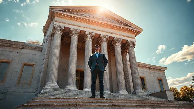 A photorealistic, professional photography, 8K, cinematic lighting, sharp focus, depth of field, shot on a high-end DSLR, of a person standing confidently at the threshold of a courthouse, bathed in warm, optimistic light, with a clear, open sky above. The person looks forward with determination, having overcome challenges, symbolizing a new beginning and hope for the future after navigating complex legal issues. The architecture is grand but inviting, representing justice and opportunity.