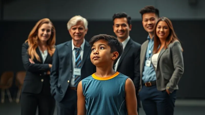 A photorealistic image of a diverse professional team (attorney, financial advisor, marketing agent) standing together, looking confident and supportive, with a young athlete in the foreground looking towards them with trust. Professional photography, 8K, cinematic lighting, sharp focus on the team, depth of field blurring the background, shot on a high-end DSLR.