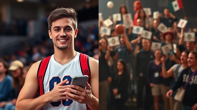A split image: one side showing a college athlete confidently engaging with fans on a positive, professionally curated social media feed, showcasing a reputable brand. The other side shows a chaotic, negative social media feed with a controversial post, depicting abstract symbols of brand damage. Photorealistic, professional photography, 8K, cinematic lighting, sharp focus, depth of field, shot on a high-end DSLR.