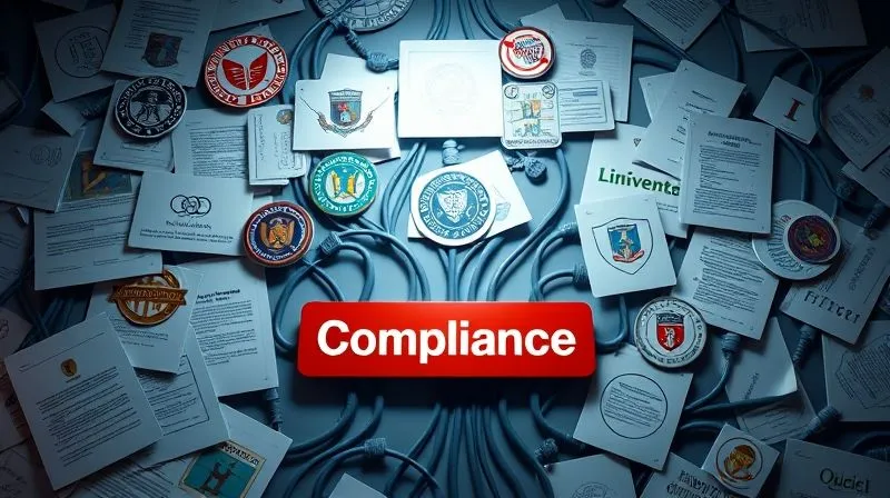 A photorealistic, professional photography image depicting a complex, interconnected web of legal documents, state seals, and university logos, with a spotlight shining on a clear path labeled 'Compliance'. 8K, cinematic lighting, sharp focus, depth of field, shot on a high-end DSLR.