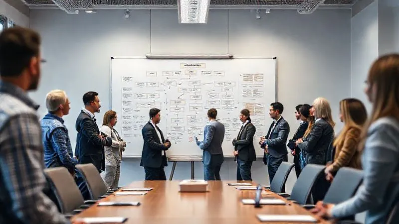 Photorealistic, professional photography, 8K, cinematic lighting, sharp focus, depth of field, shot on a high-end DSLR. A well-organized, brightly lit conference room with a large whiteboard displaying a complex but clear crisis management flowchart. Diverse professionals are standing around it, looking confident and prepared. The scene exudes proactive planning and readiness.