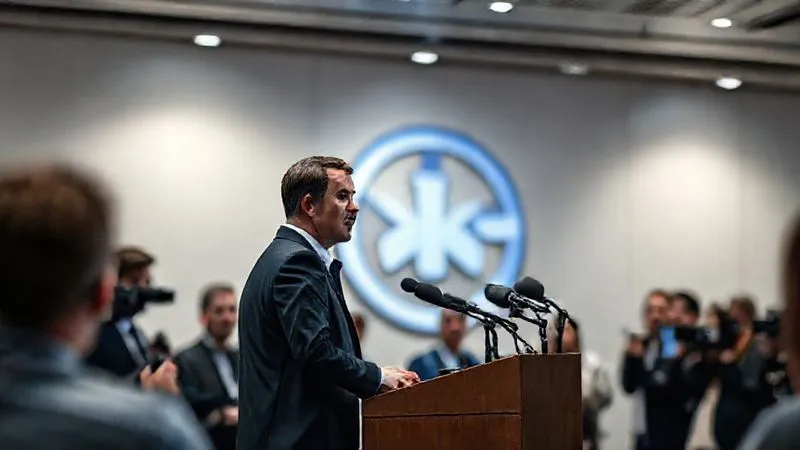 Photorealistic, professional photography, 8K, cinematic lighting, sharp focus, depth of field, shot on a high-end DSLR. A corporate spokesperson, calm and composed, standing at a podium in a modern press conference room, addressing a group of journalists with microphones. A large, subtle corporate logo is visible on the wall behind them, blurred. The scene conveys controlled, professional communication during a challenging time.