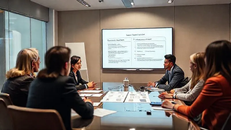 Photorealistic, professional photography, 8K, cinematic lighting, sharp focus, depth of field, shot on a high-end DSLR. A diverse group of board members in a modern, calm meeting room, collaboratively reviewing a detailed report on a large screen, engaged in thoughtful discussion. Whiteboard with 'Lessons Learned' and 'Action Items' is visible in the background. The atmosphere is reflective and forward-looking, emphasizing continuous improvement.