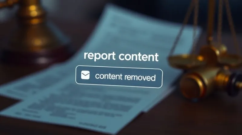 photorealistic, professional photography, 8K, cinematic lighting, sharp focus, depth of field, shot on a high-end DSLR, a digital interface showing a 'report content' button and a 'content removed' notification, with legal documents subtly blurred in the background, conveying swift action and legal compliance