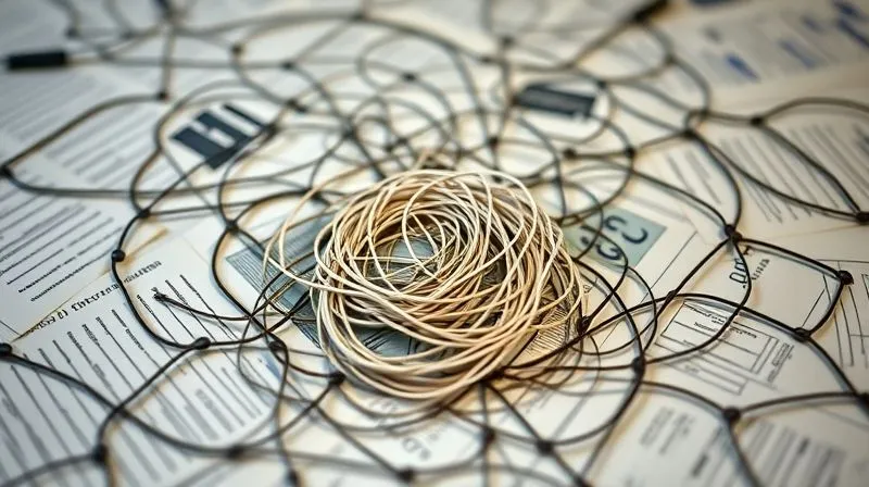 A photorealistic image of a complex, tangled web or maze made of legal documents and financial charts, symbolizing regulatory complexity and the challenges of navigating the EB-5 landscape. Professional photography, 8K, cinematic lighting, sharp focus on the central tangle, depth of field blurring the background, shot on a high-end DSLR, conveying the intricate nature of the system.