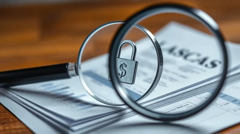 A photorealistic image of a magnifying glass hovering over a stack of detailed financial documents, with a secure lock icon superimposed, emphasizing transparency, scrutiny, and security in financial transactions. Professional photography, 8K, cinematic lighting, sharp focus on the documents and lock, depth of field blurring the background, shot on a high-end DSLR, conveying meticulous financial oversight.