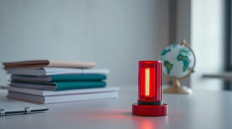 A photorealistic image of a stark, minimalist desk with a single red alarm light flashing prominently amidst a stack of legal documents and a globe, symbolizing a critical warning in the context of global investment and legal matters. Professional photography, 8K, cinematic lighting, sharp focus on the alarm light, depth of field blurring the background, shot on a high-end DSLR, conveying urgency and a need for caution.