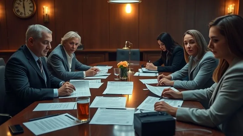 A photorealistic, professional photography, 8K image of a legal team (attorneys and school administrators) seated around a large conference table, reviewing complex legal documents and case files. The atmosphere is serious and focused, with cinematic lighting emphasizing the gravity of their task. Sharp focus on the documents and faces, depth of field blurring the background. Shot on a high-end DSLR.