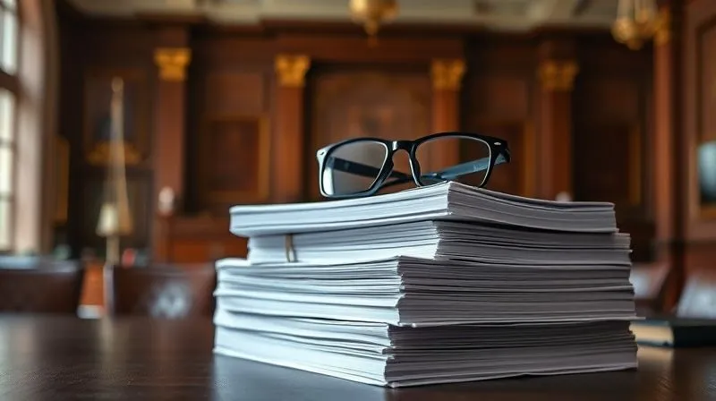 A photorealistic, professional photography shot of a stack of neatly bound character letters and expert reports on a legal desk, with a pair of reading glasses resting on top. The background is a softly blurred image of a courthouse interior, suggesting the weight of these documents in legal proceedings. 8K, cinematic lighting, sharp focus on the documents, depth of field blurring the background, shot on a high-end DSLR.