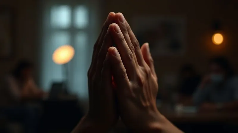 A photorealistic, professional photography shot of a person's hands clasped together in a gesture of contemplation or prayer, with a subtle, symbolic light source illuminating them. In the background, out of focus, are faint images of community service activities or therapeutic settings, representing genuine efforts towards restitution and personal remediation. 8K, cinematic lighting, sharp focus on the hands, depth of field blurring the background, shot on a high-end DSLR.
