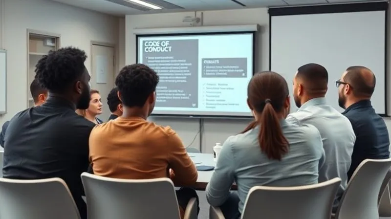 A photorealistic image of a diverse group of athletes and agents in a modern, well-lit conference room, engaged in an interactive workshop on ethical conduct and social media responsibility. A projector screen shows a clear, concise 'Code of Conduct' graphic. Professional photography, cinematic lighting, sharp focus on the group, depth of field, 8K hyper-detailed, shot on a high-end DSLR.