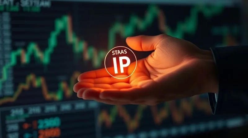 A photorealistic professional photography, 8K, cinematic lighting, sharp focus, depth of field shot of a conceptual image showing a hand passing a glowing abstract intellectual property symbol to another hand, symbolizing IP transfer and divestment, against a backdrop of financial charts. Shot on a high-end DSLR.