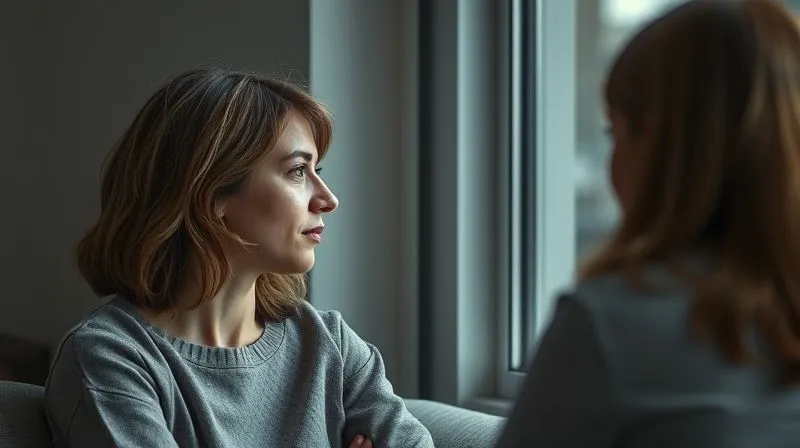 A photorealistic image of a person (gender ambiguous) in a calm, supportive setting, possibly talking to a counselor or looking out a window thoughtfully, conveying resilience and emotional support, professional photography, 8K, cinematic lighting, sharp focus, depth of field.