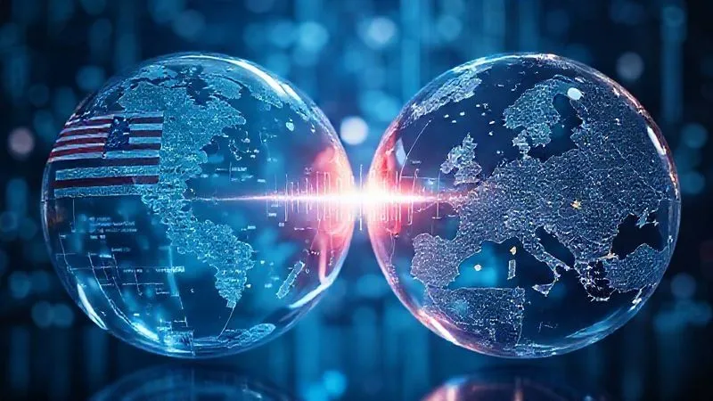 A photorealistic image of two large, transparent digital globes, one representing the U.S. and the other Europe, with data streams flowing between them. A visible, glowing barrier or 'wall' is forming in the middle, symbolizing legal conflict and data sovereignty. Cinematic lighting, sharp focus on the conflict point, depth of field blurring the background, 8K hyper-detailed, professional photography.