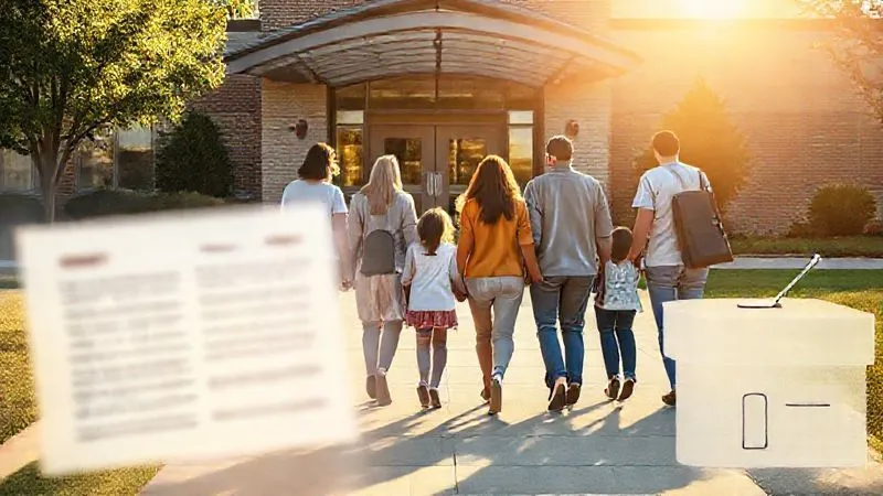 A photorealistic, professional photography, 8K, cinematic lighting, sharp focus, depth of field, shot on a high-end DSLR image depicting a diverse group of parents and children walking hand-in-hand towards the entrance of a modern, inviting school building. In the foreground, a subtle, blurred overlay of legal documents or a ballot box represents the 'choice' and 'rights' aspect. The scene is hopeful and empowering, with warm sunlight illuminating their path.