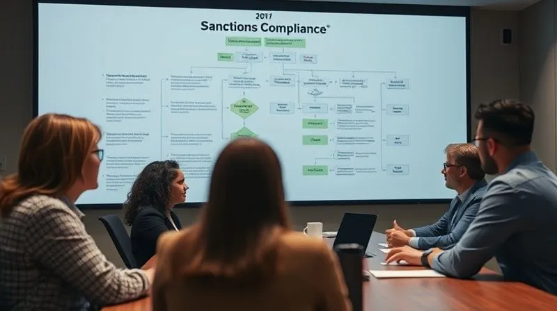 photorealistic, professional photography, 8K, cinematic lighting, sharp focus, depth of field, shot on a high-end DSLR, a detailed flow chart projected onto a boardroom wall, showing complex decision points and pathways for sanctions compliance, with diverse team members in the foreground intently discussing, emphasizing collaboration and strategic planning.