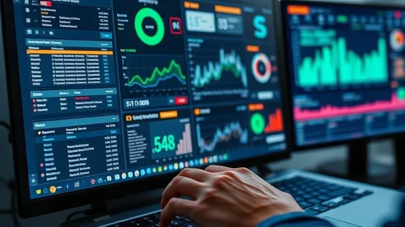 photorealistic, professional photography, 8K, cinematic lighting, sharp focus, depth of field, shot on a high-end DSLR, a close-up of a computer screen displaying a complex sanctions screening dashboard with various data points, alerts, and graphs, with a focused aid worker's hands lightly touching the keyboard, emphasizing the role of technology in compliance.