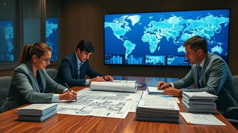 A photorealistic image of a legal team intently reviewing complex architectural blueprints and stacks of legal documents on a large conference table, with city maps displayed on a screen in the background. Cinematic lighting, sharp focus on the documents and faces, depth of field, 8K, professional photography, shot on a high-end DSLR.