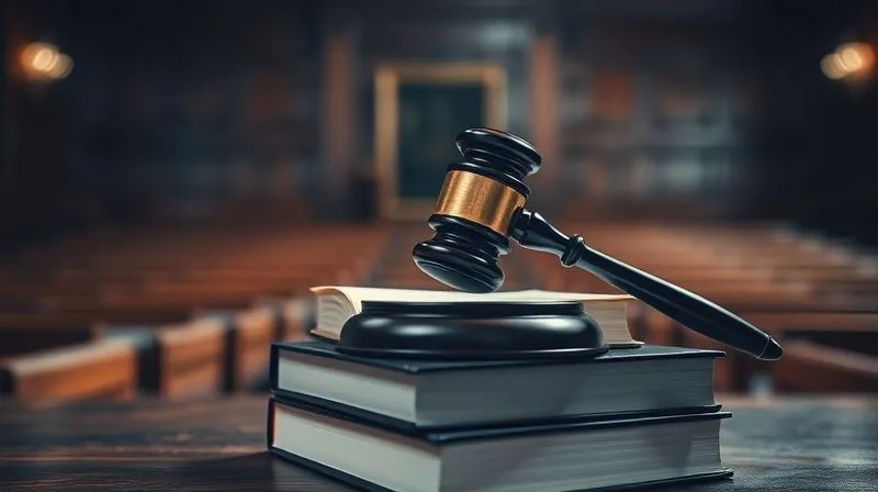 A photorealistic, professional photography image of a judge's gavel resting on a stack of legal books in a dimly lit, traditional courtroom setting. The focus is sharp on the gavel, with a blurred background of courtroom benches, evoking a sense of solemnity and legal proceedings. Cinematic lighting, 8K, shot on a high-end DSLR.