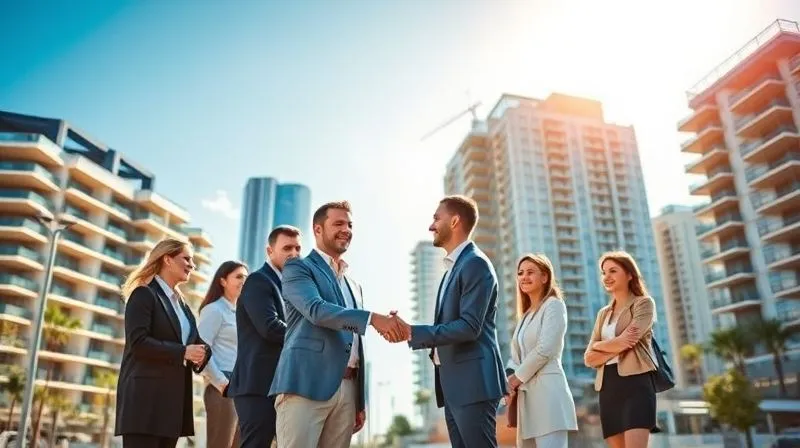 A photorealistic, professional photography image of a thriving, modern urban development with sleek, completed buildings under a clear blue sky, bathed in warm sunlight. In the foreground, a group of diverse professionals, including architects and developers, are smiling and shaking hands, symbolizing successful collaboration and project completion. Sharp focus on the people and buildings, depth of field, 8K, cinematic lighting, shot on a high-end DSLR.