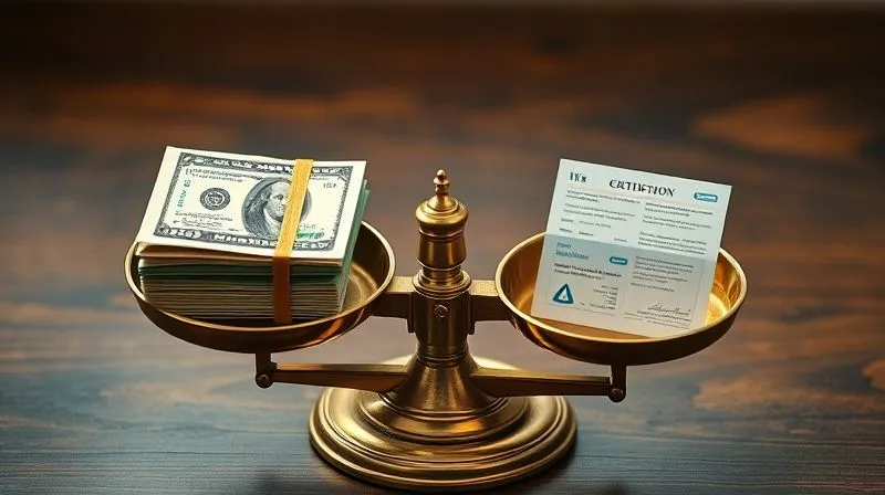 A photorealistic, professional photography, 8K, cinematic lighting, sharp focus, depth of field, shot on a high-end DSLR, of a perfectly balanced vintage brass scale. On one pan, a stack of crisp dollar bills; on the other, a small, intricate model of a health insurance card, a miniature certificate, and a tiny, detailed employee handbook. The lighting emphasizes the balance, with soft shadows. No text or logos.