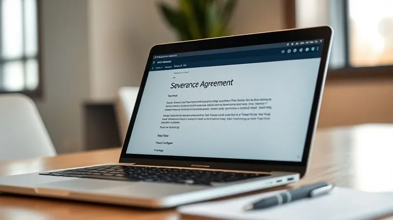 A photorealistic, professional photography, 8K, cinematic lighting, sharp focus, depth of field, shot on a high-end DSLR, showing a close-up of a laptop screen displaying a professional email exchange. The email subject line is 'Severance Agreement Discussion.' The content shows polite, firm communication regarding terms, with a blurred background of a modern, minimalist office. A pen and notepad are subtly visible on the desk.