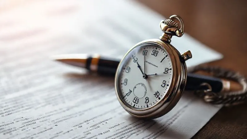 A photorealistic image of a vintage pocket watch ticking, with blurred legal documents and a pen in the background, symbolizing the critical time window for reviewing a severance agreement. Cinematic lighting, sharp focus on the watch, depth of field. Professional photography, 8K hyper-detailed.