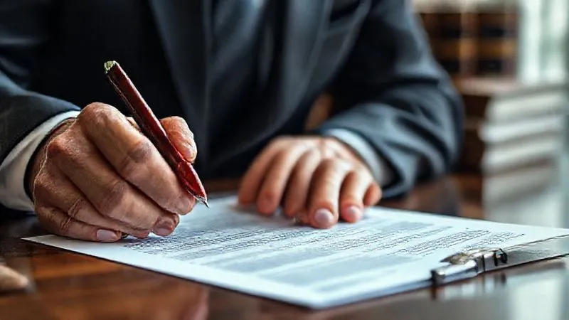 A photorealistic close-up of a lawyer's hands, wearing a sharp suit, meticulously reviewing a legal document with a red pen, highlighting specific clauses. A leather brief case and law books are blurred in the background. Cinematic lighting, sharp focus on the hands and document, depth of field. Professional photography, 8K hyper-detailed.