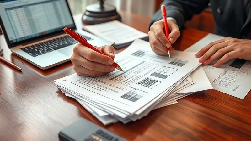 Photorealistic image of a lawyer's hands sifting through a stack of medical bills and insurance documents, meticulously cross-referencing line items with a red pen, on a polished wooden desk in a professional law office. The background shows legal texts and a laptop displaying a spreadsheet. 8K, cinematic lighting, sharp focus on the documents, depth of field. Shot on a high-end DSLR.