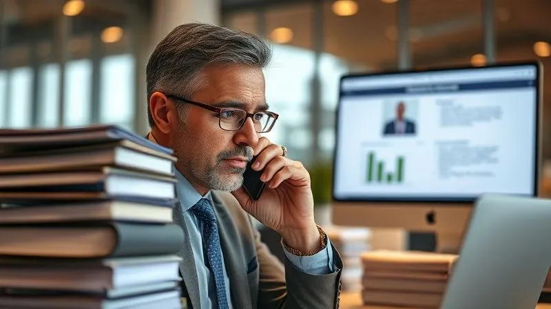 Photorealistic image of a lawyer in a modern office, engaged in a focused phone conversation, with a stack of organized legal folders and a computer screen displaying negotiation notes in the background. The lighting is professional and warm, conveying a sense of diligent work and strategic communication. 8K, cinematic lighting, sharp focus on the lawyer's face, depth of field. Shot on a high-end DSLR.