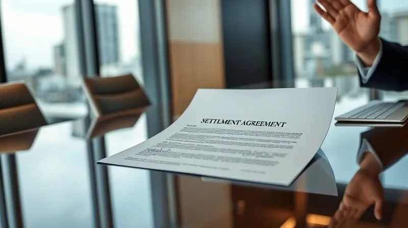Photorealistic image of a legal document titled "Settlement Agreement" with signatures, resting on a polished conference table next to a successful attorney's hand making a celebratory gesture. The background shows a modern law office with city views, conveying achievement and client satisfaction. 8K, cinematic lighting, sharp focus on the document, depth of field. Shot on a high-end DSLR.