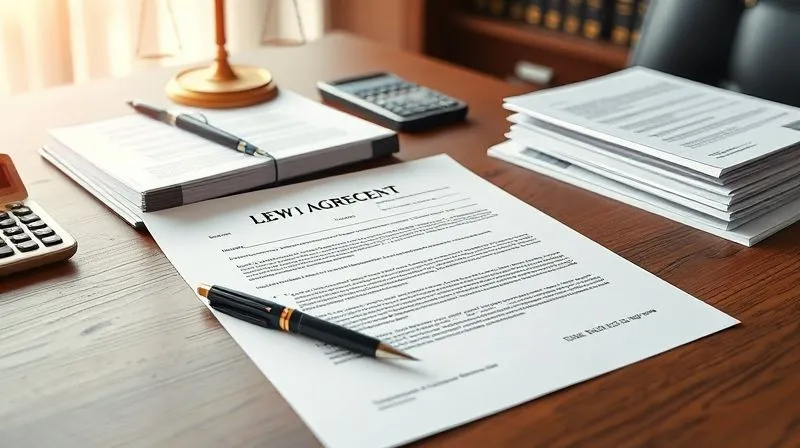 Photorealistic image of a meticulously organized desk in a law office, featuring a signed medical lien reduction agreement prominently displayed, surrounded by a pen, a neatly stacked pile of legal documents, and a calculator. The atmosphere is professional and calm, symbolizing successful resolution and attention to detail. 8K, cinematic lighting, sharp focus on the agreement, depth of field. Shot on a high-end DSLR.