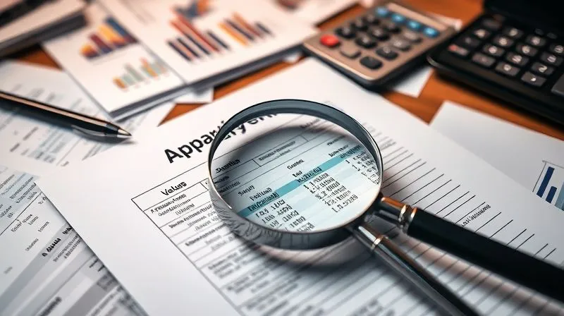 Photorealistic, professional photography, 8K, cinematic lighting, sharp focus, depth of field, shot on a high-end DSLR. A detailed, open appraisal document with a magnifying glass hovering over a section showing property values, surrounded by scattered market data reports and a calculator, all on a professional desk, symbolizing meticulous financial analysis.