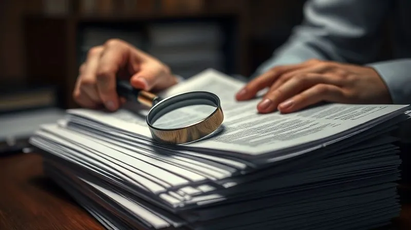 Photorealistic, professional photography, 8K, cinematic lighting, sharp focus on a person's hands sifting through a stack of complex, official-looking legal documents and court records, a magnifying glass resting on one, conveying a sense of meticulous analysis and the daunting nature of legal research, depth of field blurring a background of a dimly lit law office, shot on a high-end DSLR.