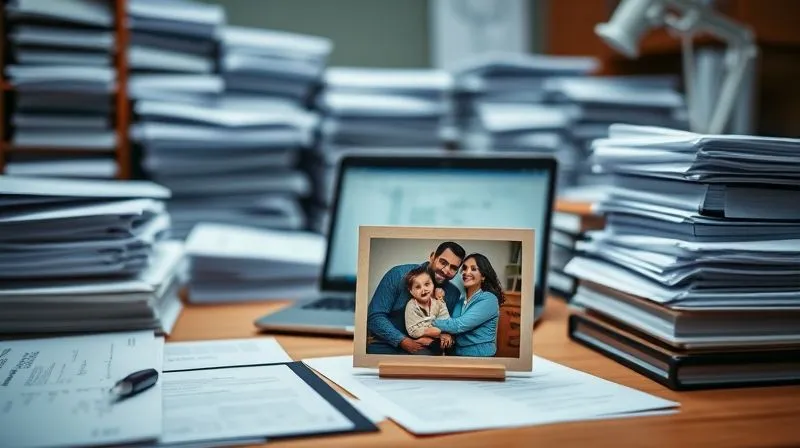 Photorealistic, professional photography, 8K, cinematic lighting, sharp focus on a meticulously organized desk filled with stacks of documents, binders, and a laptop displaying legal forms, with a family photo prominently displayed in the foreground, conveying the blend of legal rigor and personal stakes in an immigration case, depth of field blurring the background, shot on a high-end DSLR.