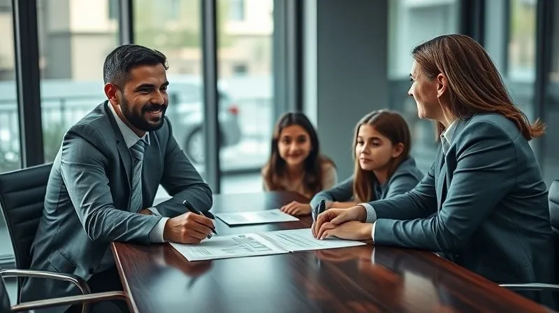 Photorealistic, professional photography, 8K, cinematic lighting, sharp focus on a compassionate immigration lawyer sitting across from a family (a couple with two children), all looking engaged and hopeful, with legal documents subtly visible on the table, conveying trust, guidance, and the promise of a future, depth of field blurring a modern office background, shot on a high-end DSLR.
