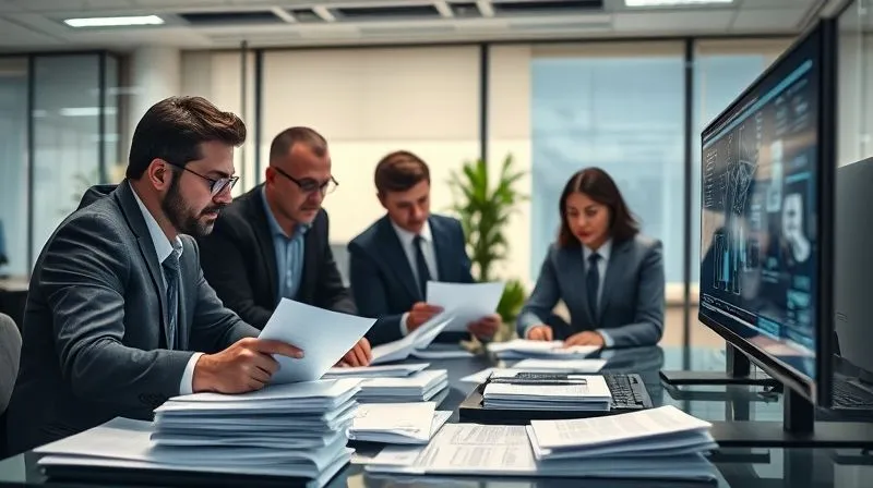 Photorealistic, professional photography, 8K, cinematic lighting, sharp focus, depth of field, shot on a high-end DSLR. A legal team meticulously sifting through stacks of complex documents and digital files in a modern, well-lit office, with a highly focused expert pointing at a critical detail on a screen. The scene conveys intense investigative work and collaborative strategy, with medical device schematics subtly visible in the background.