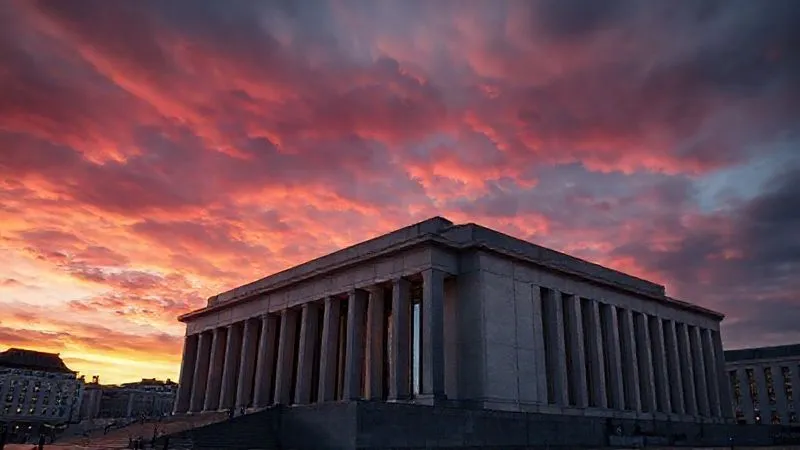 A photorealistic, professional photography image of the International Criminal Court (ICC) building in The Hague, Netherlands, under a dramatic, cinematic sky at dawn. The architecture is sharp and imposing, symbolizing international justice and the rule of law. 8K, sharp focus, depth of field, shot on a high-end DSLR.