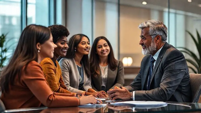 A photorealistic image of a diverse group of people consulting with a compassionate immigration lawyer in a modern, well-lit office, conveying trust and hope, cinematic lighting, sharp focus, depth of field, 8K hyper-detailed.
